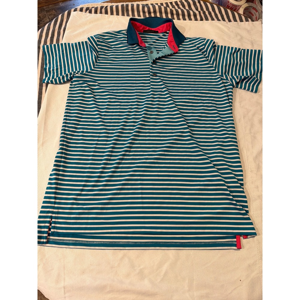 Greyson Mens Performance Golf Polo Shirt Teal White Striped Pink Trim Size L